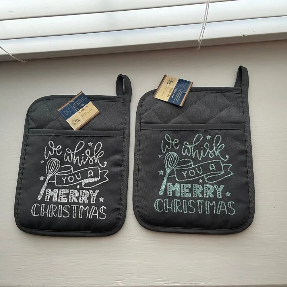 New Gray We Whisk You a Merry Christmas Custom Potholders Set of 2